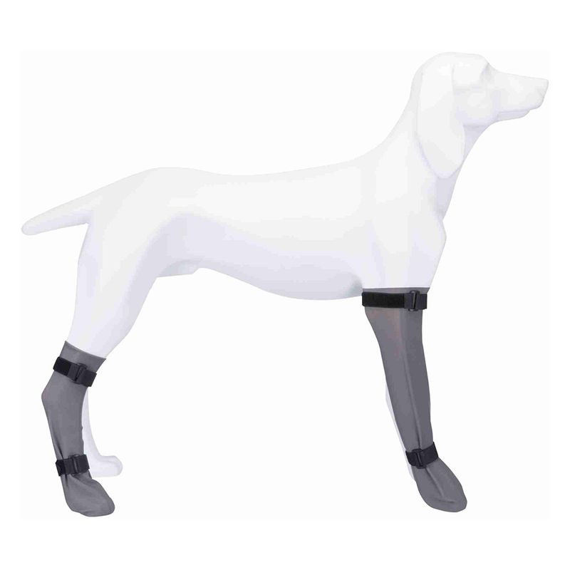 Model of a dog with grey protective cuffs on front and hind legs, fastened with black straps.