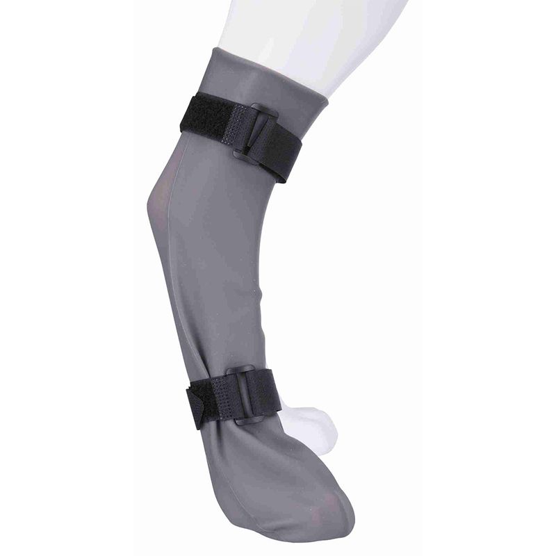 Grey waterproof protective boot with two adjustable hook-and-loop fasteners, suitable for use on an animal leg.