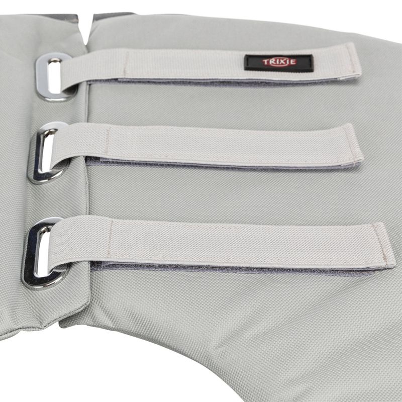 Grey Trixie product with three adjustable hook-and-loop fasteners and metal eyelets, suitable for secure hold.