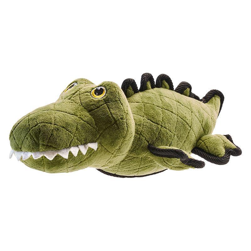 Green plush toy in crocodile shape with quilted pattern, white teeth and black accents. Suitable as pet toy.