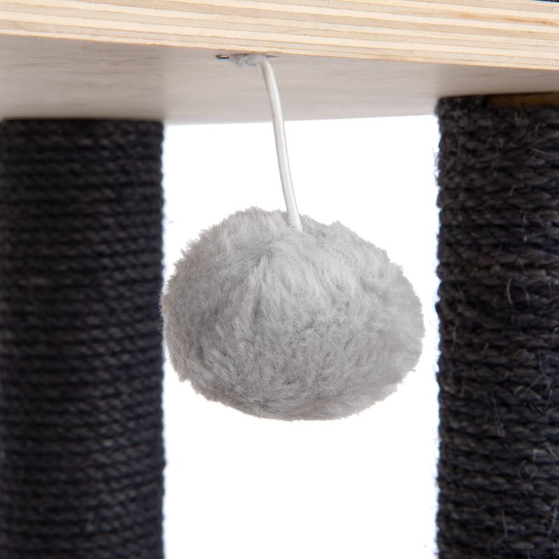 Grey plush ball on a string, attached under a wooden board between two black sisal posts.