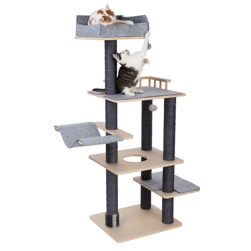 Cat tree with multiple levels, grey fabric lounging areas and sisal-wrapped posts. Two cats playing on the top platforms.