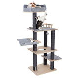 Cat tree with multiple levels, grey fabric lounging areas and sisal-wrapped posts. Two cats playing on the top platforms.