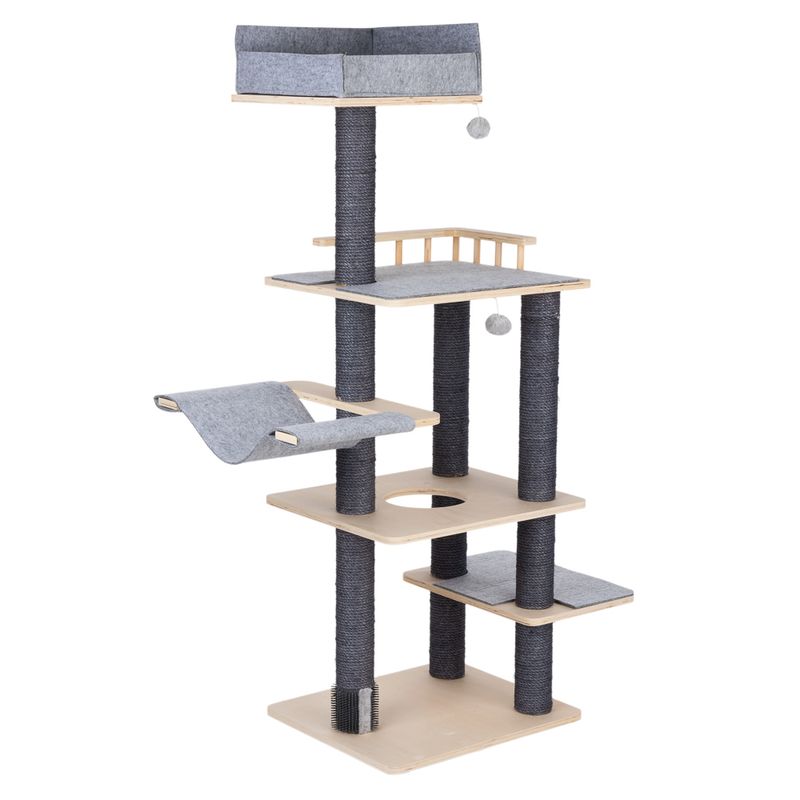 Cat tree with multiple levels, sisal-wrapped posts, grey resting surfaces and cave, toy balls on strings, wooden frame and brush at the base.