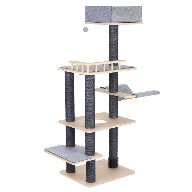 Cat tree with multiple levels, sisal-wrapped posts, wooden and fabric resting platforms, and a top cave with play ball.