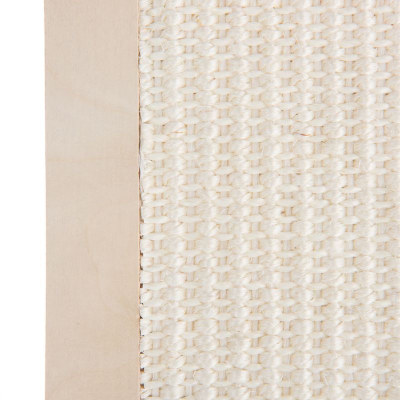 Close-up of a scratch board material with a light wood frame and white sisal fabric.