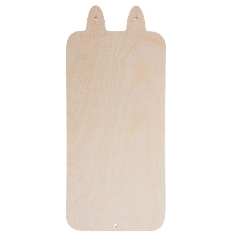 Wooden board with rounded corners, two holes at the top and one hole at the bottom, suitable for mounting.