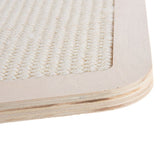 Close-up of a scratching mat made of light sisal with wooden frame, suitable for scratching furniture or floor mounting.