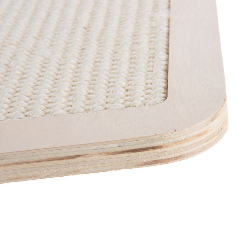 Close-up of a scratching mat made of light sisal with wooden frame, suitable for scratching furniture or floor mounting.