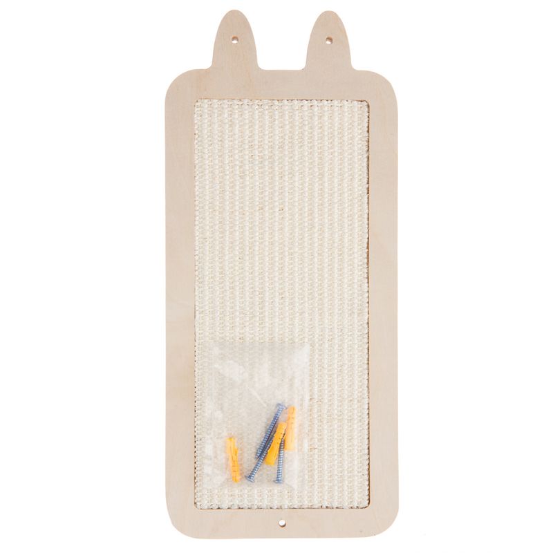 Scratching board made of wood with sisal surface, includes mounting materials (screws and plugs).