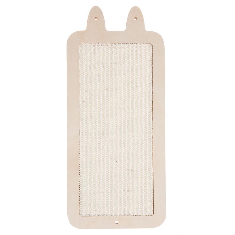 Scratching board made of wood with sisal surface, rectangular, two holes for wall mounting.