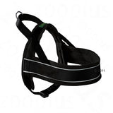 Black fabric dog harness with reflective strip, metal ring for lead attachment, and green label on strap. No visible brand or size information.