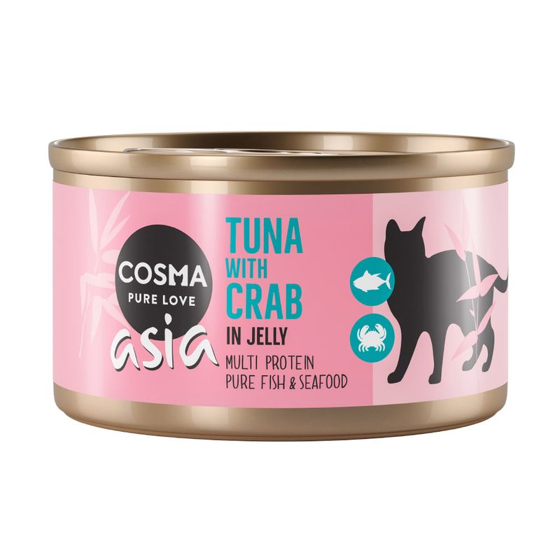 Cosma Asia Pure Love, tuna with crab in jelly. Multi protein, pure fish & seafood. Pink can with cat motif.