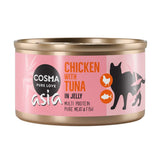 Cosma Asia Chicken with Tuna in Jelly. Multi protein from pure meat and fish. Shown: silhouette of a cat, symbols for chicken and fish.