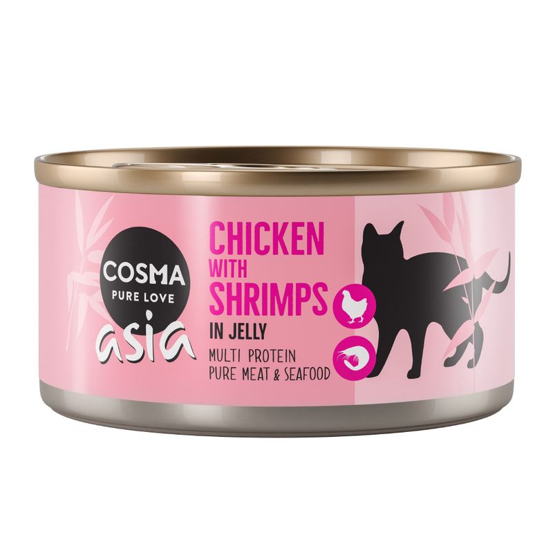 Cosma Asia Chicken with Shrimps in Jelly. Multi Protein, pure meat and seafood. Pink can with black cat silhouette and icons for chicken and shrimps.