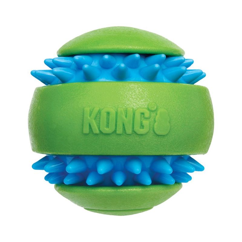 KONG toy ball made of green and blue rubber with a textured surface, suitable for interactive play.