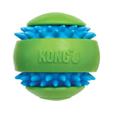 KONG toy ball made of green and blue rubber with a textured surface, suitable for interactive play.