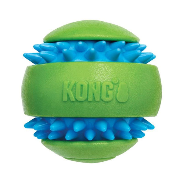KONG toy ball made of green and blue rubber with a textured surface, suitable for interactive play.