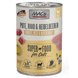 MAC's Super Food for cats, turkey, beef & blueberries. Made in Germany, grain-free, Omega 6, high meat content. No colourants, flavourings, animal testing, animal or bone meal.