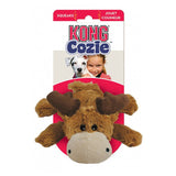 KONG Cozie plush toy in elk shape with squeaker. Packaging shows product name and notes: 'Squeaks' and 'Jouet Couineur'.