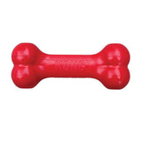 Red KONG dog toy in bone shape, durable material.