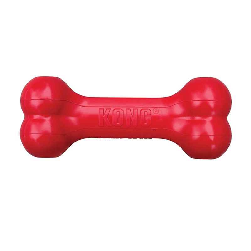 Red KONG dog toy in bone shape, durable material.