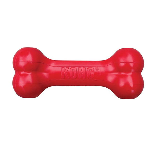 Red KONG dog toy in bone shape, durable material.