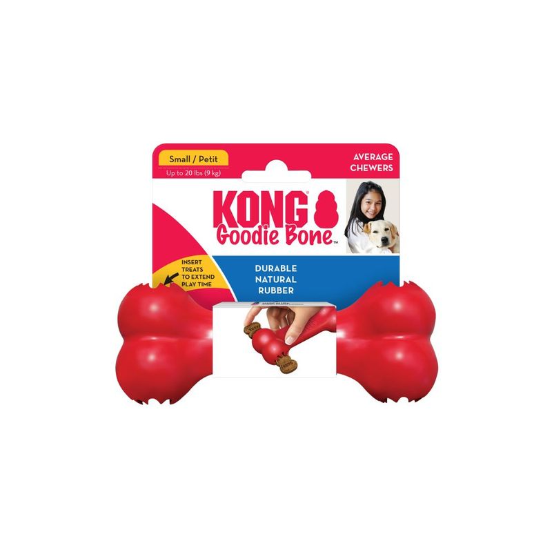 KONG Goodie Bone made of durable natural rubber, size Small for dogs up to 9 kg. Note: Insert treats to extend playtime.