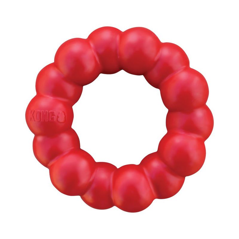Red KONG play ring made of durable material with embossed KONG logo.
