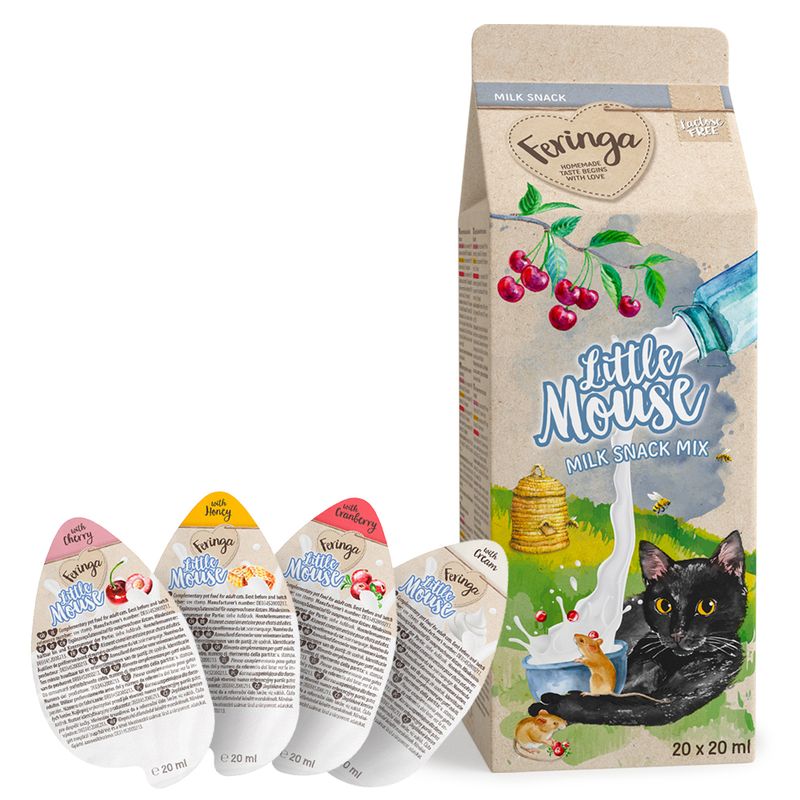 Feringa Little Mouse Milk Snack Mix, lactose-free, 20 x 20 ml. Varieties: with honey, cranberry, cherry and cream. Packaging shows black cat, mice and milk stream.