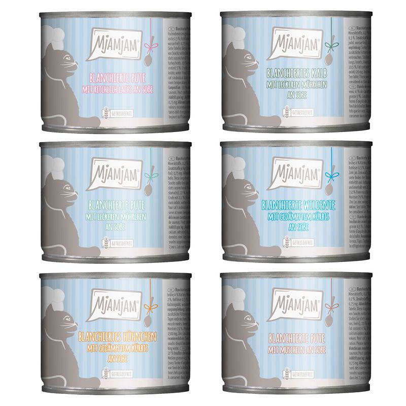 MjAMjAM cat food: blanched turkey with salmon, veal with carrots, wild duck with pumpkin, chicken with pumpkin, turkey with mussels. Grain-free.