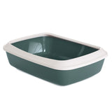 Green cat litter tray with white rim, rectangular shape, made of plastic.