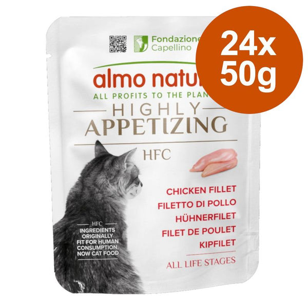 almo nature HFC chicken fillet, 24x50g. Ingredients originally fit for human consumption, now cat food. For all life stages.