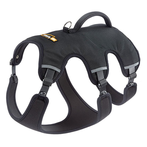 Black dog harness with handle, adjustable straps and reflective stripes. Brand logo visible on the top.