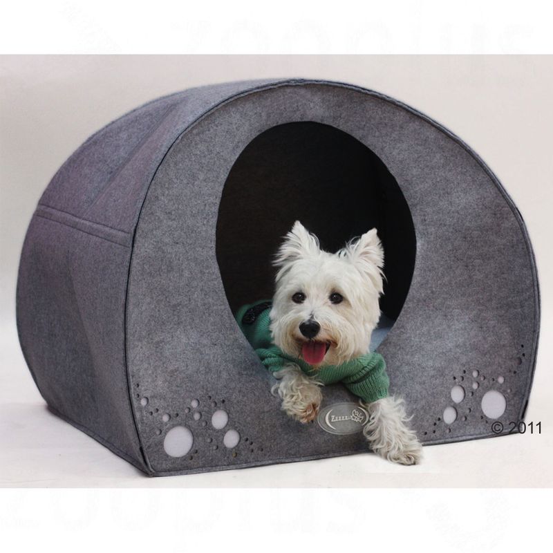 Grey felt pet house with round opening and decorative circles, suitable as a retreat for small animals.