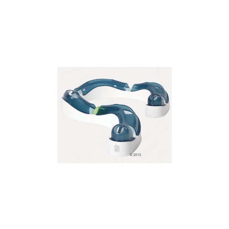 Toy track with transparent blue tubes and white base, includes a green ball for interactive play.