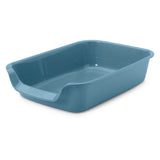 Blue plastic cat litter tray with lowered entry and side handles, brand Savic.