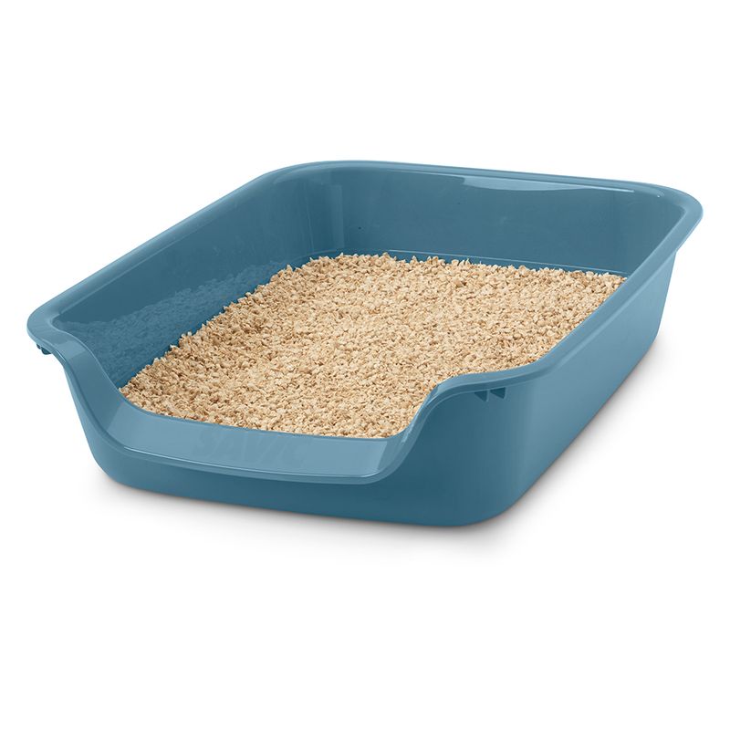 Blue cat litter tray with wood litter, rectangular shape and lowered entry.