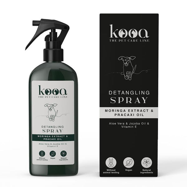 kooa Detangling Spray with moringa extract and pracaxi oil. Contains aloe vera, jojoba oil and vitamin E. Cruelty-free, vegan, natural ingredients.