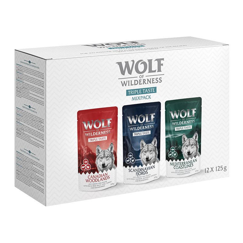 Wolf of Wilderness Triple Taste Mixpack, 12 x 125g. Varieties: Canadian Woodlands, Scandinavian Fjords, Mediterranean Coastlines.