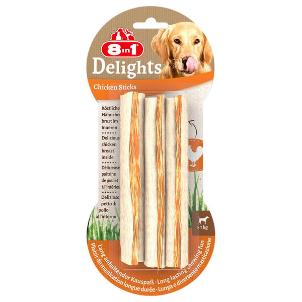 8in1 Delights Chicken Sticks. Delicious chicken breast inside. Long-lasting chewing fun. Suitable for dogs over 1kg.