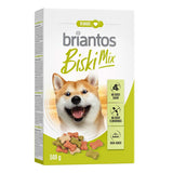 Briantos Biski Mix dog snacks, 500 g. No added sugar, no artificial flavours, oven-baked. Packaging shows a happy dog and colourful bone-shaped snacks.