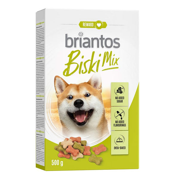 Briantos Biski Mix dog snacks, 500 g. No added sugar, no artificial flavours, oven-baked. Packaging shows a happy dog and colourful bone-shaped snacks.