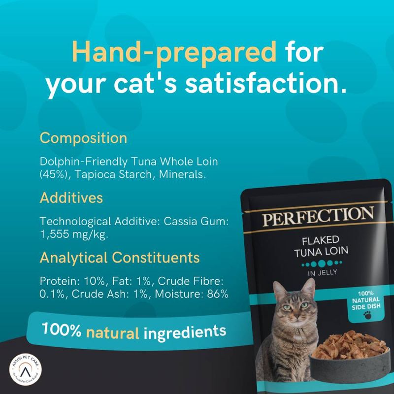Hand-prepared cat food with tuna loin, tapioca starch, minerals. Contains cassia gum 1,555 mg/kg. Protein 10%, fat 1%, fibre 0.1%, ash 1%, moisture 86%. 100% natural ingredients.