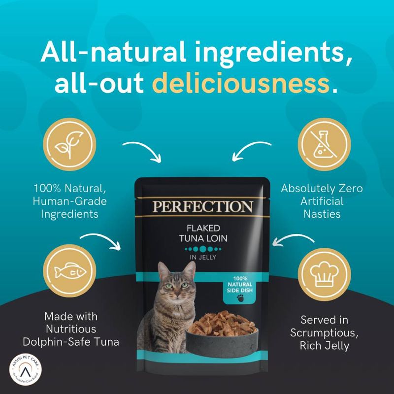 Perfection Flaked Tuna Loin in Jelly. 100% natural, human-grade ingredients, made with dolphin-safe tuna, zero artificial nasties, served in rich jelly. All-natural ingredients highlighted.