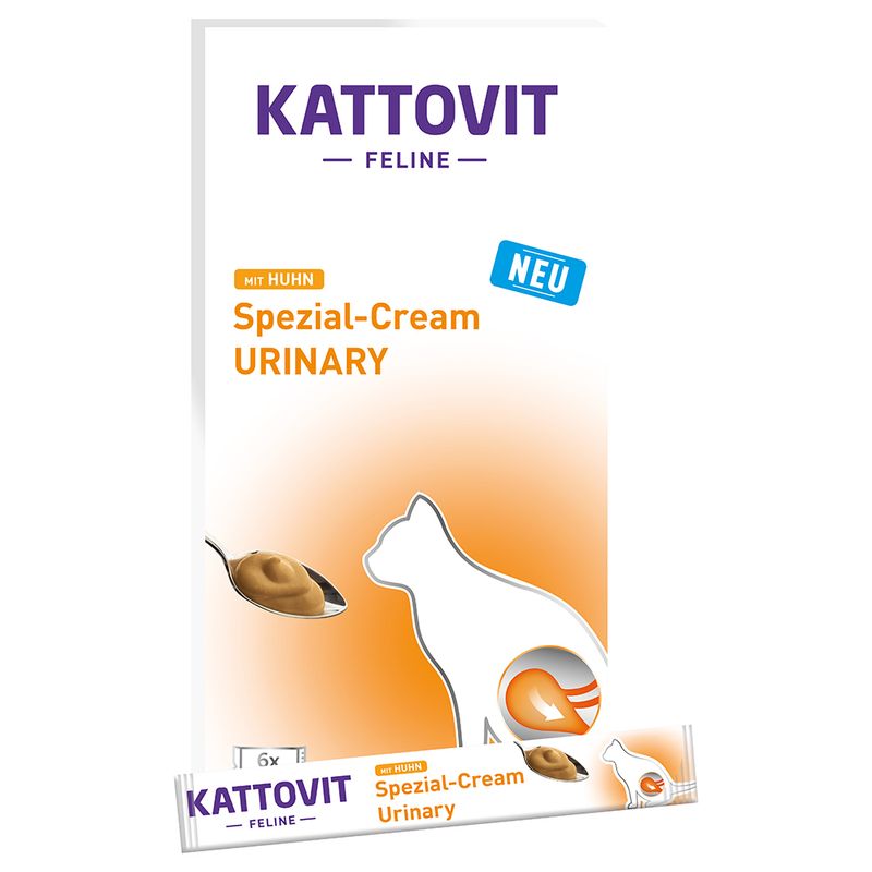 Kattovit Feline Spezial-Cream Urinary with chicken, new. Packaging shows product image and silhouette of a cat.
