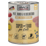 Mac's Super Food for Cats, turkey, beef and blueberries. Made in Germany. Grain free, omega 6, high meat content. No animal or bone meal, no added sugar, no preservatives.