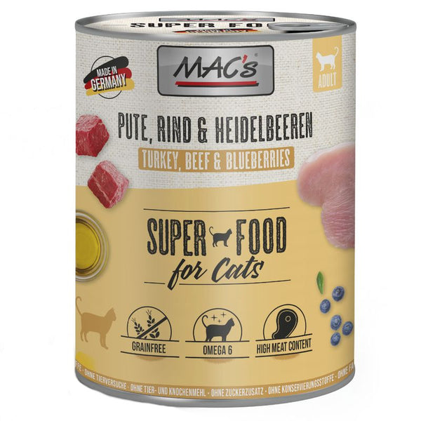 Mac's Super Food for Cats, turkey, beef and blueberries. Made in Germany. Grain free, omega 6, high meat content. No animal or bone meal, no added sugar, no preservatives.