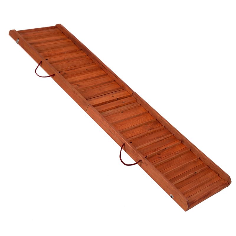 Wooden ramp with non-slip strips and side handles, suitable for access to elevated surfaces.