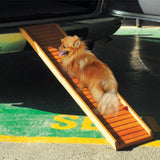 Wooden ramp for pets, showing a dog entering a car via the ramp.